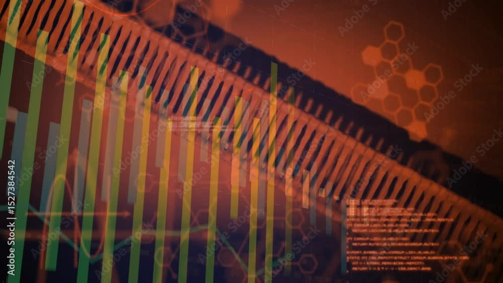 Poster on dataset load diagonal helix rotating, bars rising falling and code scrolling showing data cycle