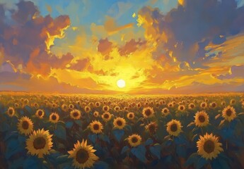Fototapeta premium Sunflowers bloom under a vivid, painterly sunset