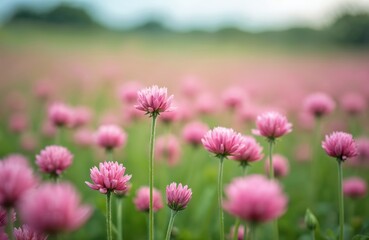 Obraz premium Pink clover flowers growing in farm field. Agriculture, horticulture, gardening, organic farming. Beautiful floral landscape, summer season. Close-up shot with shallow depth of field, blurred