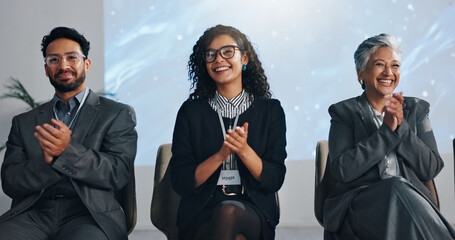 Seminar panel, happy business people and clapping for success, award and milestone. Conference,...