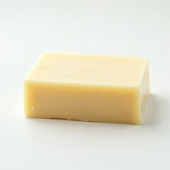 Pale yellow soap bar on white background. Minimalist product. Concept of purity freshness. Skincare, hygiene, body care product, spa wellness, bathroom design.