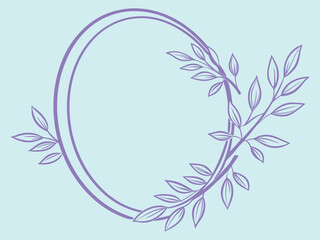 Elegant purple oval botanical frame with linear leaf design on soft blue background, ideal for invitations, nature branding, spa labels, wedding cards, and minimalist floral decorations.
