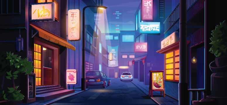 Downtown street neon scene with glowing Japanese signs illuminating narrow alley. Cyberpunk cityscape with pink and blue lights, parked cars, urban shops and cafes. Night atmosphere with storefronts.