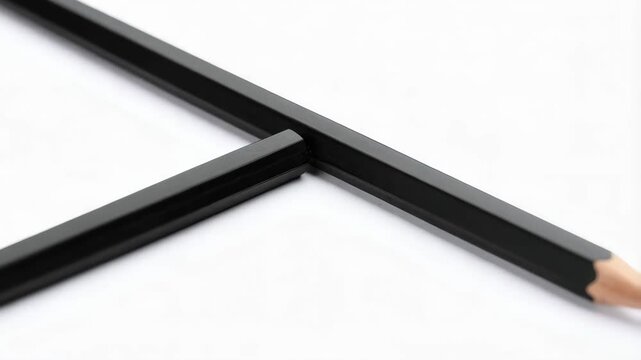 Close up of two unsharpened black graphite pencils crossing each other on a white surface. Studio shot shows contrast of light and shadow.