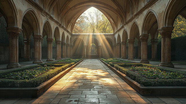 serene Gothic monastery cloister with ribbed vaults, illuminated by soft sunlight