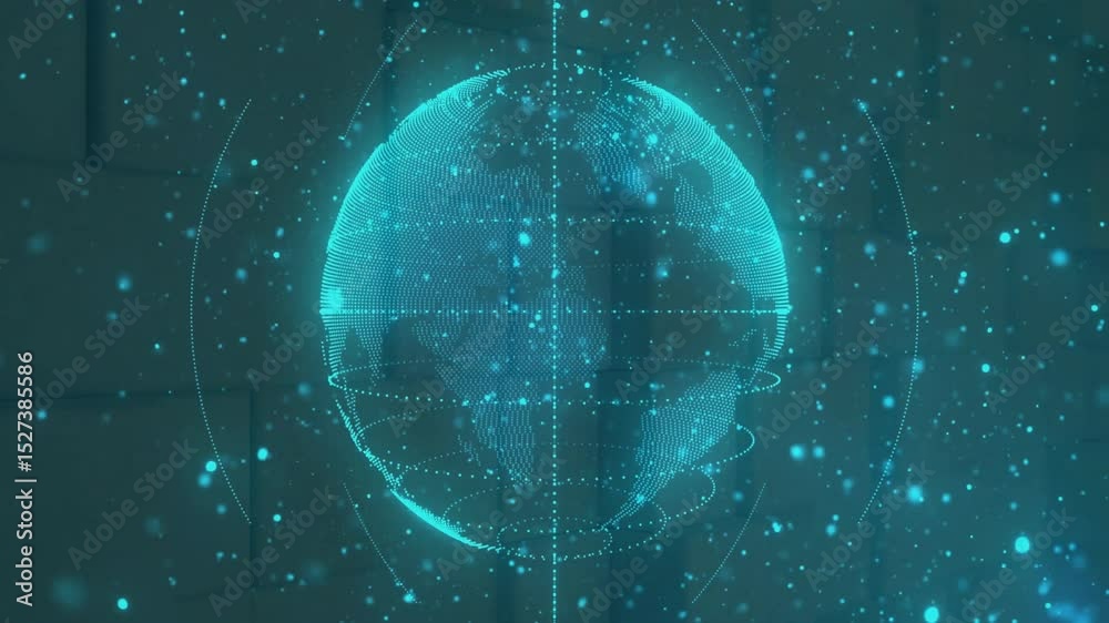 Poster Cyan dots coalescing into globe, filling Earth points then rotating with pulsing rings showing data