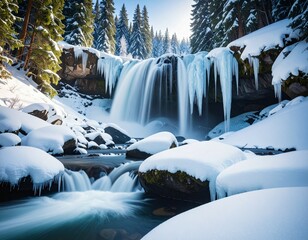A winter scene featuring a waterfall cascading amidst snow covered rocks and evergreen trees in daylight