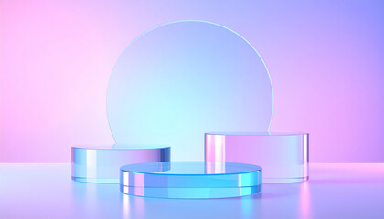 Fototapeta premium Showcase or display for products with glass circular pedestal on a soft color background. Space concept for product promotional sales presentations.