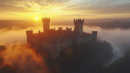 Majestic stone castle with high walls and turrets at sunrise, surrounded by misty landscape
