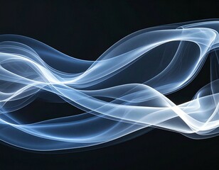 Abstract rendering of flowing white and blue smoke waves against a dark black background space
