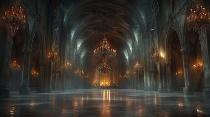 Naklejka premium grand, high ceilinged throne room with vaulted stone arches and elegant chandeliers creates