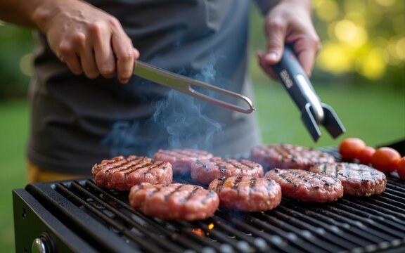Man grilling hamburgers and steaks on backyard grill. High quality