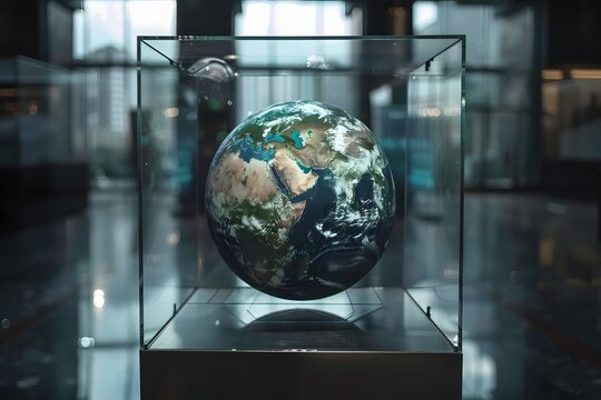 realistic Earth placed inside a futuristic glass cube surrounded by advanced technology, concept of global control systems
