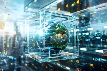 Obraz premium realistic Earth placed inside a futuristic glass cube surrounded by advanced technology, concept of global control systems 
