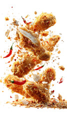 Fried chicken in mid air isolated on transparent background