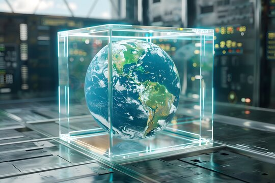 realistic Earth placed inside a futuristic glass cube surrounded by advanced technology, concept of global control systems

