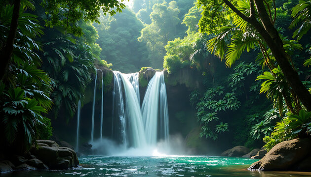 Beautiful cascading waterfall in a lush, green tropical forest with vibrant foliage - Powered by Adobe