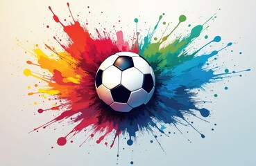 Dynamic illustration soccer ball abstract colorful splash vibrant background. Soccer ball with colorful paint splashes. Sports design, competition, action, win concept, team spirit.