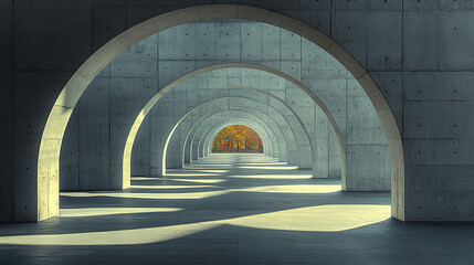 serene view of interlocking concrete arches casting long shadows, leading to vibrant autumn