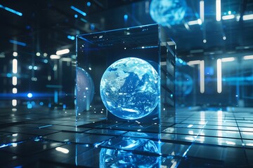 realistic Earth placed inside a futuristic glass cube surrounded by advanced technology, concept of global control systems
