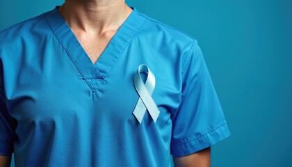 Person in blue medical scrubs wears blue ribbon representing awareness campaign. Symbol support for colon cancer awareness. Symbol of solidarity against disease. Health, medical, awareness campaign