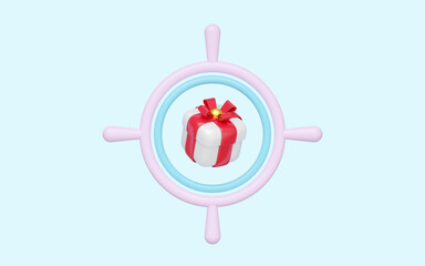 3d Target with gift box isolated on blue background. Looking for gift for New Year or birthday concept, 3d render illustration