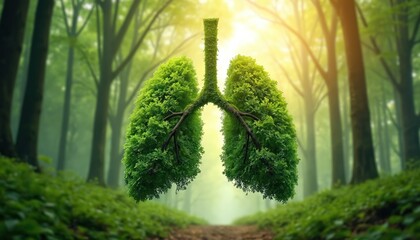 Lungs shape formed trees stand in rich forest. Conceptual eco photo symbolizes nature environment health. Tree lungs, fresh air, climate change concepts.