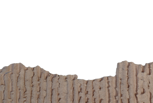 Closeup of corrugated cardboard with ragged edges revealing a textured underlay set against a white background