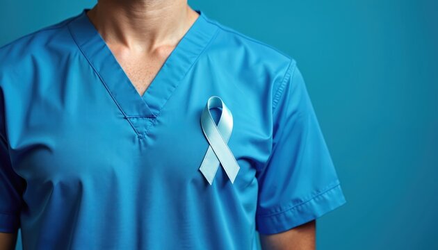 Person in blue medical scrubs wears blue ribbon representing awareness campaign. Symbol support for colon cancer awareness. Symbol of solidarity against disease. Health, medical, awareness campaign