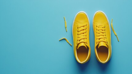 Vibrant yellow sneakers on a serene blue background, embodying minimalist style