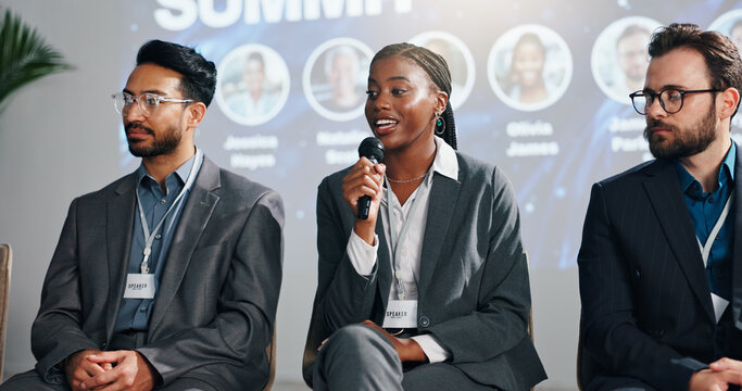 Summit, speaker and woman with mic, meeting and stage for discussion in training session and speech. Seminar, public speaking and guest with motivation for business people, confident and presentation
