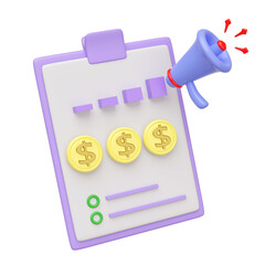 3d megaphone or loudspeaker, hand speaker icon with clipboard, checklist paper isolated. project plan, business strategy concept, 3d render illustration