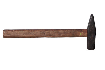 Hammer with a dark metal head and a brown wooden handle on a gray surface
