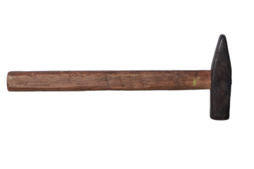 Hammer with a dark metal head and a brown wooden handle on a gray surface