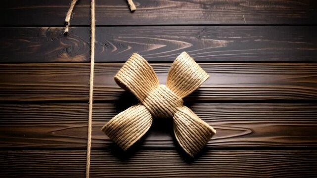 Wood plank background with brown wrapping string and bow, conveying gifts and presents, emphasizing rustic aesthetic and handmade craft.
