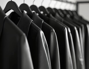 Fototapeta premium Monochrome wardrobe with sleek Scandinavian design. Black leather jackets hang on clothes rack. Minimalism, stylish design, high-contrast lighting, interior decor, home decor. Fashion, lifestyle,