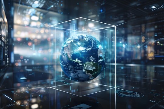 realistic Earth placed inside a futuristic glass cube surrounded by advanced technology, concept of global control systems
 - Powered by Adobe