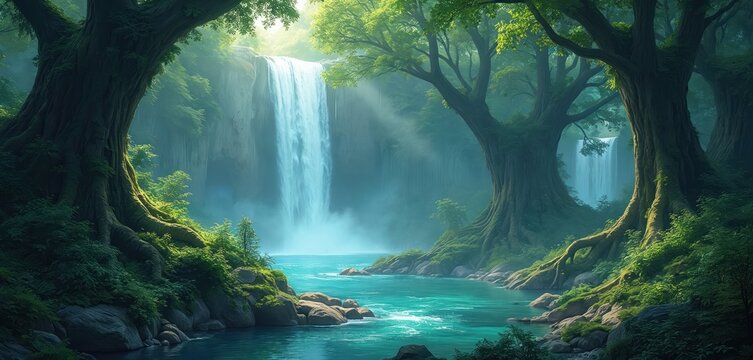 Enchanted forest illustration with waterfall great vegetation. Fairytale trees with sun rays, crystal clear water. Travel, adventure background. Magical nature. Rich green plants, fantasy scenery,