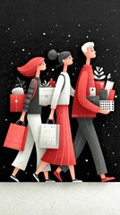 Red-Black Shopping Frenzy: Three Characters Sprinting with a Loaded Cart in Flat Vector Art