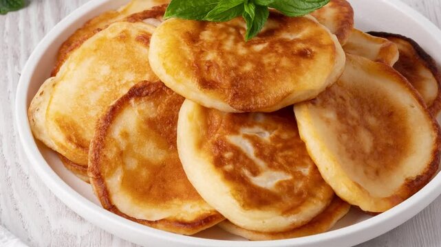 Delicious golden pancakes served with fresh mint leaves on a white plate in a cozy kitchen