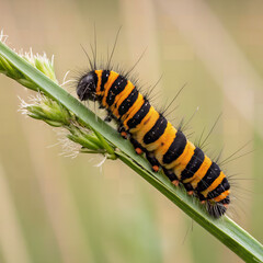 Caterpillar on Blade of Grass: A vibrantly colored caterpillar, a tiny marvel of nature with its striking black and orange stripes, rests serenely on a blade of grass.