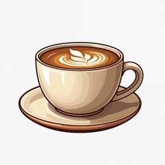Trendy coffee cup icon with latte art on white background. Visual illustration for graphic design, web, print projects. Modern cafe, restaurant design element. Breakfast, hot drink icon.