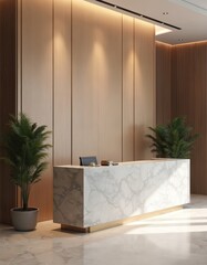 Contemporary lobby interior design with reception counter. Luxury marble reception desk, wood wall. Modern design, indoor. Empty hall with light and plant decor. Stylish apartment, hotel or office.