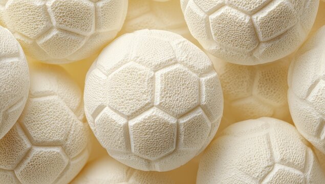 Many small, off-white soccer balls close up