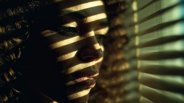 Mysterious woman gazing through venetian blinds, dramatic light casting intricate shadows across her contemplative face, revealing hidden emotions and inner depth