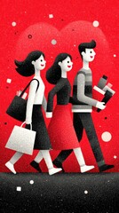 Red-Black Shopping Frenzy: Three Characters Sprinting with a Loaded Cart in Flat Vector Art