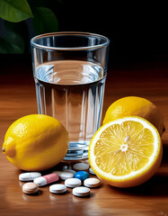 a transparent glass with water, a lemon lies next to it, medical pills of different colors
