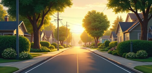 Fototapeta premium Illustration depicts serene suburban street. Rich plants, charming homes line quiet residential road, bathed in golden morning sun, evoking tranquility, peace, calmness.