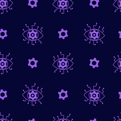 Human Eye with Circuit Board and Gear Seamless Pattern. Futuristic Technology Background with scientific symbols and purple color. Repeat vector illustration