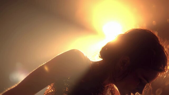 Warm stage lights casting dramatic golden shadows behind slender female dancer moving with passionate, elegant rhythm and expressive energy on performance stage